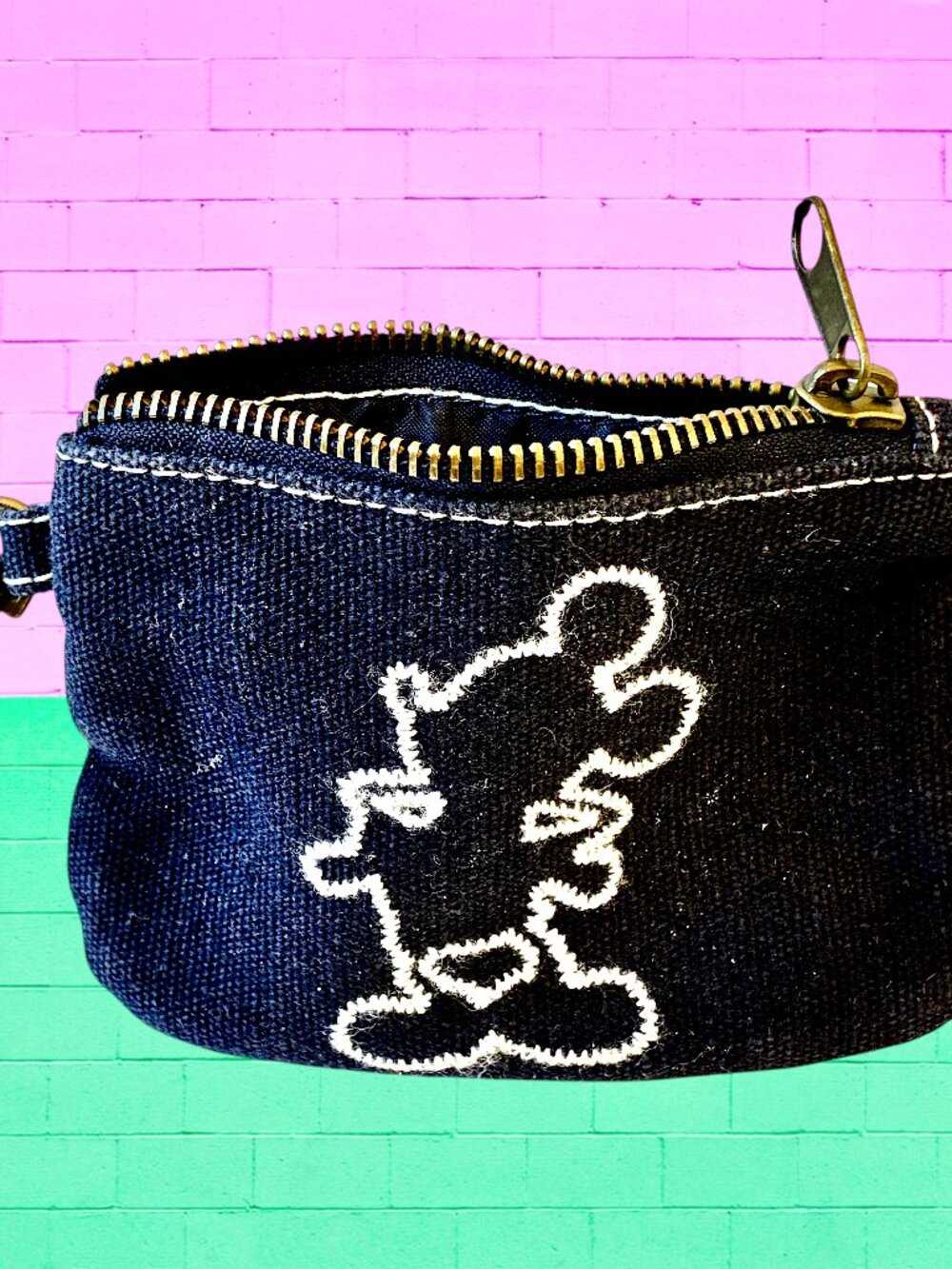 Disneyland Canvas Coin Purse Black Mickey Mouse Zipper Clip-on Fabric Small